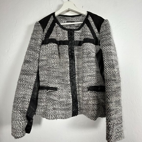 Kut from the Kloth Brandon Boucle Tweed Faux Leather Trim Jacket XL Black White - Picture 1 of 9